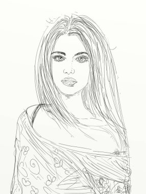 Kadın portresi ve çizimleri siyah-beyaz sanatsal Çin çizgisi