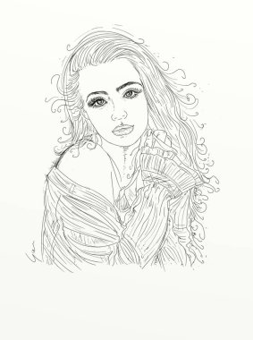 Kadın portresi ve çizimleri siyah-beyaz sanatsal Çin çizgisi