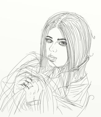 Kadın portresi ve çizimleri siyah-beyaz sanatsal Çin çizgisi