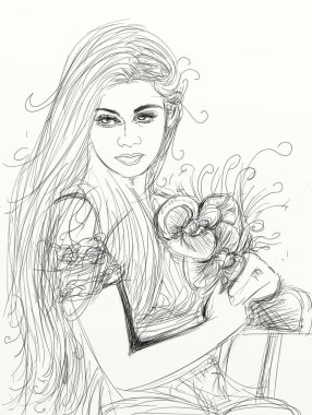 Kadın portresi ve çizimleri siyah-beyaz sanatsal Çin çizgisi