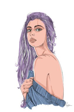 Donna ritratto illustrazione disegnata a mano linea erotica  colorata con colori vivacinvito,  festa ,compleanno vintage, pop artfumetto,