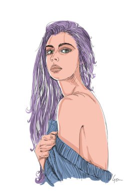 Donna ritratto illustrazione disegnata a mano linea erotica  colorata con colori vivacinvito,  festa ,compleanno vintage, pop artfumetto,