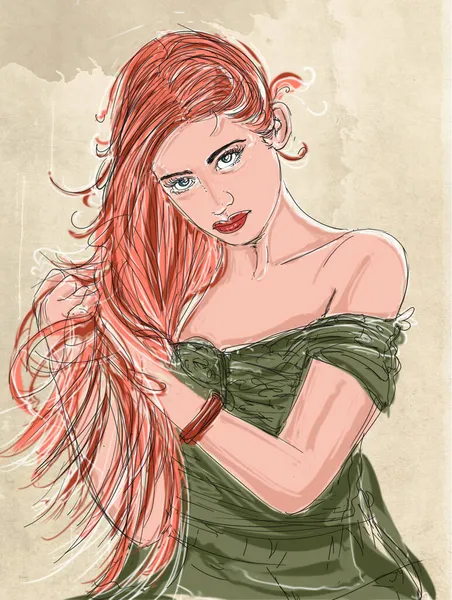 Retrato Mulher Elegante Vintage Mão Desenhada Ilustração — Fotografia de Stock