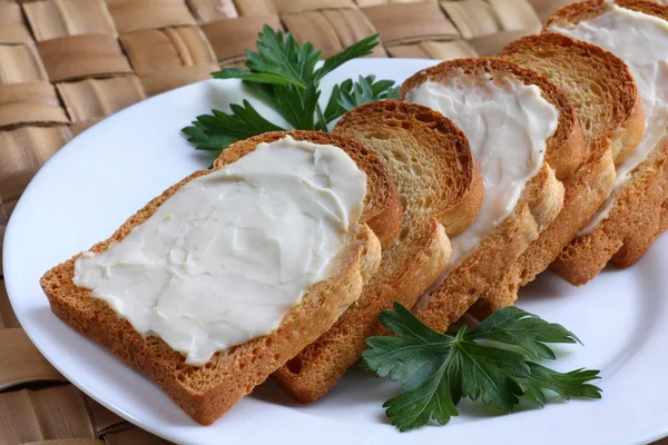 Sandwiches with cheese spread — Stock Photo, Image