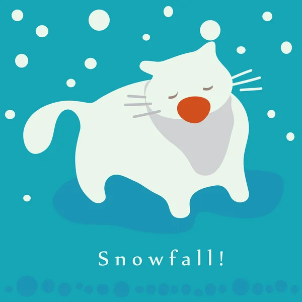 Gato y nevadas. Tarjeta de vacaciones de invierno — Vector de stock