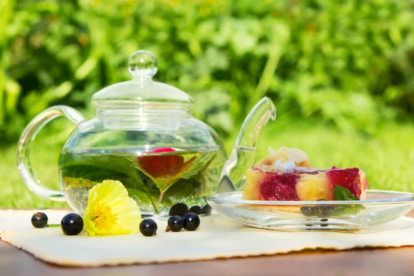 Beautiful and tasty pie with tea in garden — Stock Photo, Image