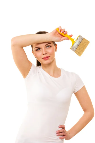 The beautiful woman was tired of work wipes sweat from forehead — Stock Photo, Image