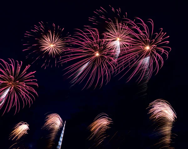 Feux d'artifice aux couleurs vives et salut de différentes couleurs dans le — Photo