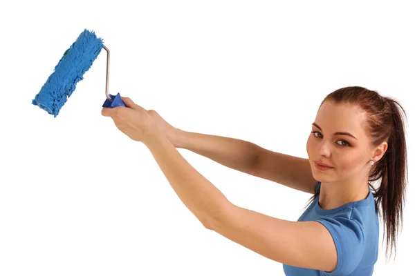 The smiling woman in white t-shirt with roller in hand is ready — Stock Photo, Image