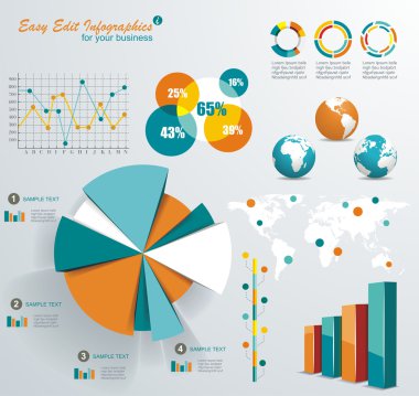 Bir dizi Infographic Element. Dünya Haritası ve Bilgi Grafikleri