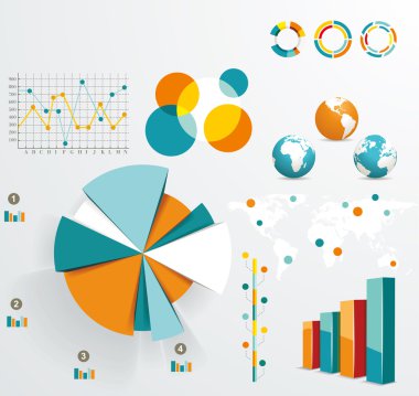 Bir dizi Infographic Element. Dünya Haritası ve Bilgi Grafikleri