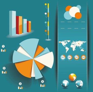 Bir dizi Infographic Element. Dünya Haritası ve Bilgi Grafikleri
