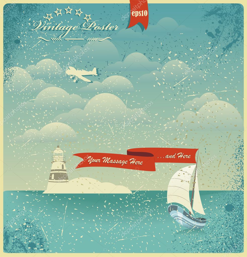 Vintage seaside view poster. Vector background. Stock Vector Image by