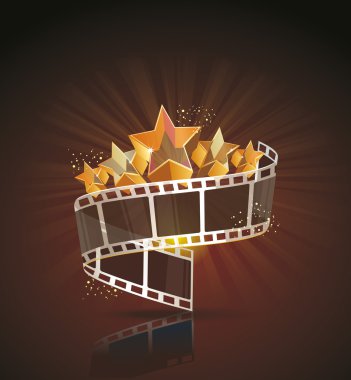 Film strip roll with gold stars. Vector cinema background. clipart