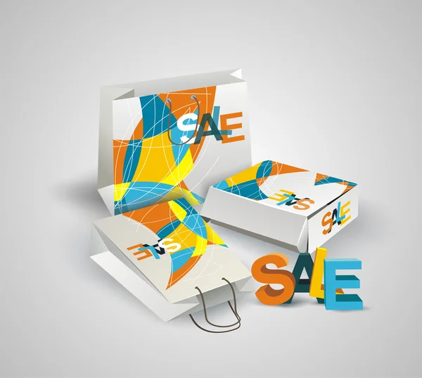 Vente Tag, Sacs en papier et boîte avec 3d lettres VENTE . — Image vectorielle