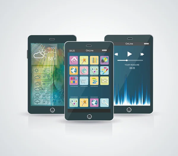 Smartphone blanco con la nube de iconos de aplicaciones — Vector de stock