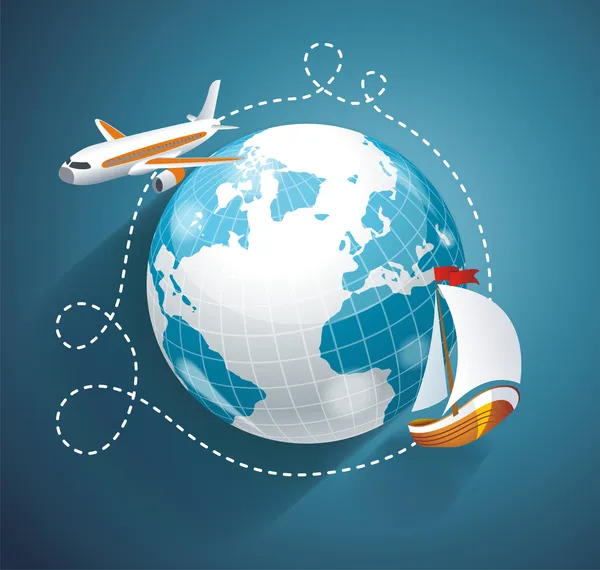 Vector illustration of a world globe, an airplane and yacht — Stock Vector