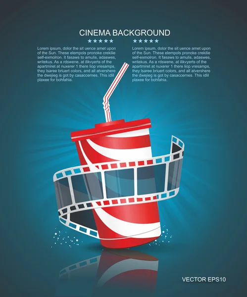 Cinema roll and cardboard cup with a straw on blue defocus backg — Stock Vector