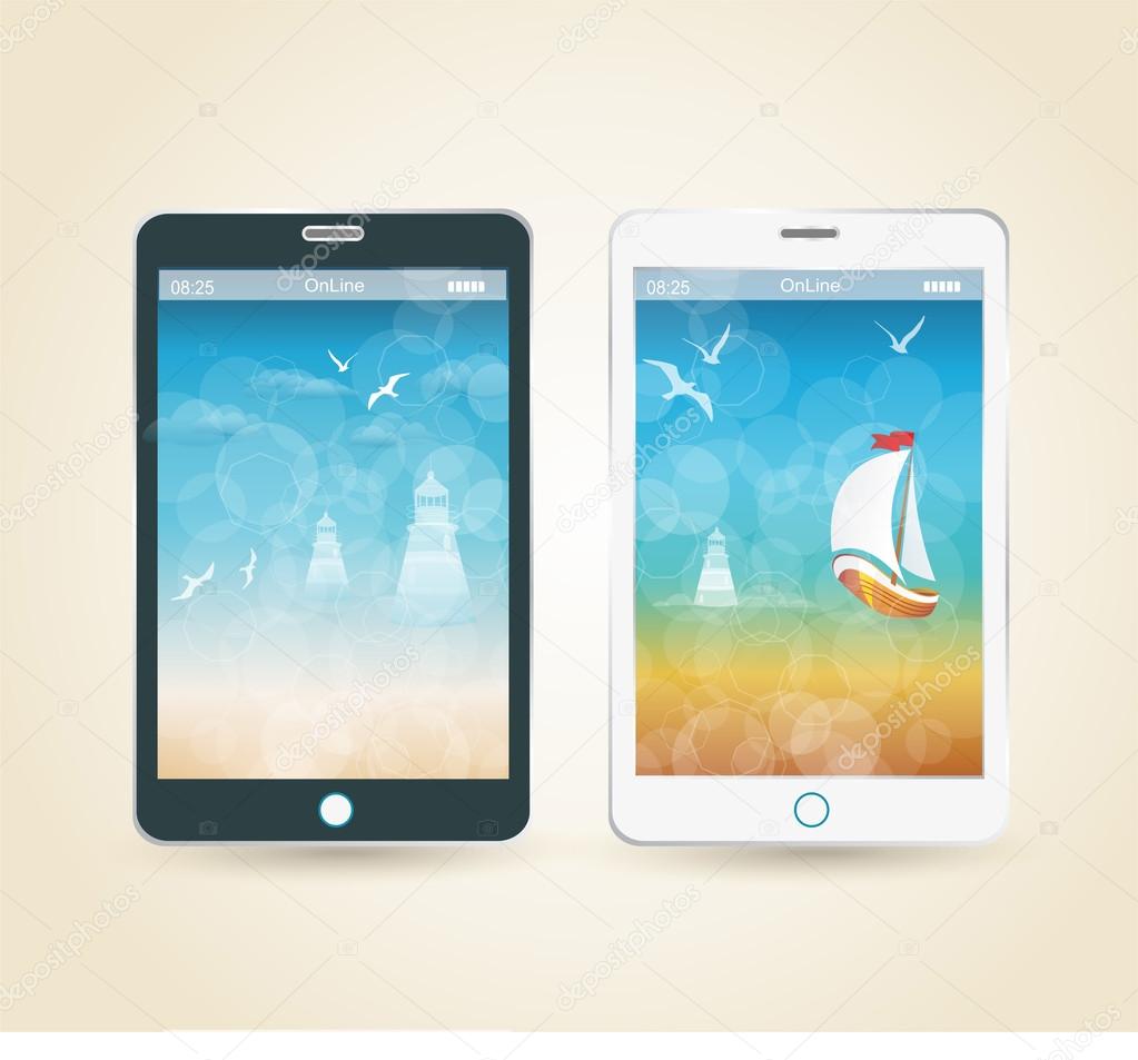 Smartphones with picture of beach and tropical sea