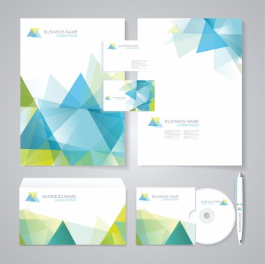 Corporate identity template with blue and green geometric elemen