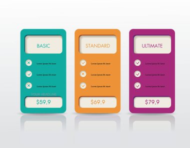 Çevrimiçi hizmetler için 3 ödeme planına sahip fiyat listesi gereci, Web siteleri ve uygulamalar için fiyat tablosu.
