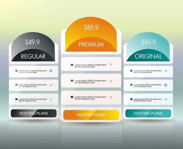 オンラインサービスのための3つの支払い計画を持つ価格リストウィジェット ウェブサイトやアプリケーションの価格表 ベクターグラフィックス