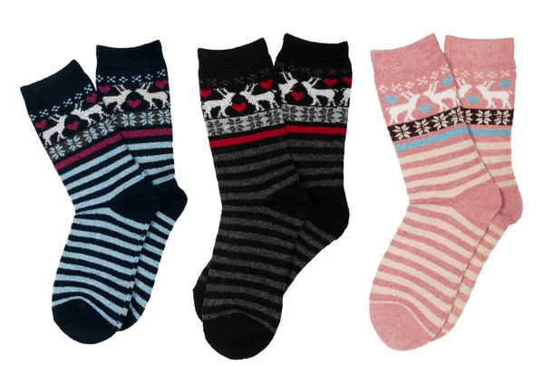 Tři Páry Vlněných Ponožek Roztomilé Vánoční Vzor Izolované Bílém Pozadí — Stock fotografie