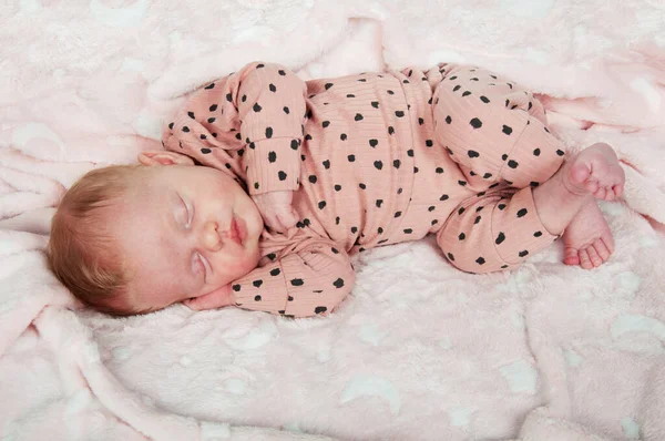 Newborn Girl Pink Suit Print Cute Sleeping — Stock Photo, Image
