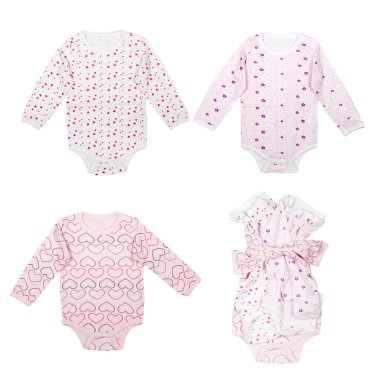 Beyaz tenli bir bebek için kıyafet kolajı.