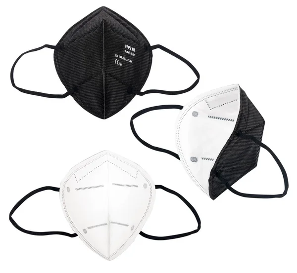 Beyaz Arkaplanda Izole Edilmiş Farklı Açılardan Siyah Ffp2 Maskesi — Stok fotoğraf