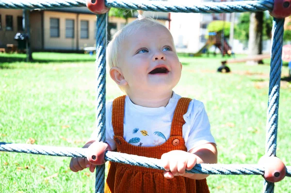 Little Blonde Girl Smiling Playground Summer — Photo