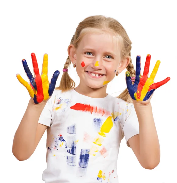 Menina com as mãos pintadas — Fotografia de Stock