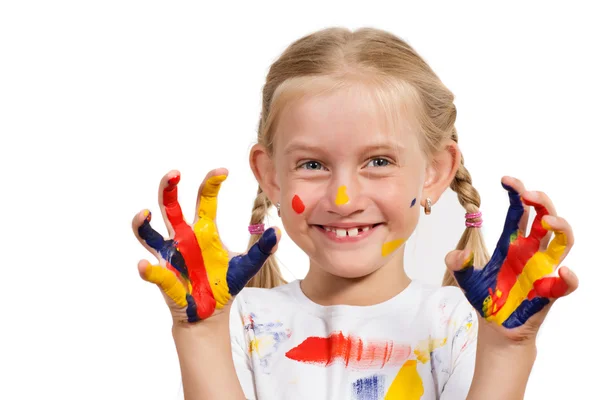 Menina com as mãos pintadas — Fotografia de Stock