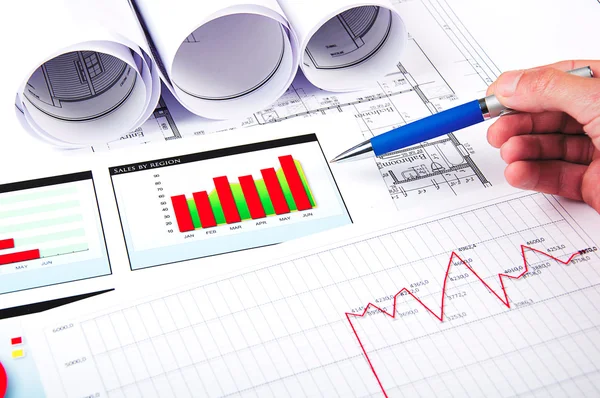 Bolígrafo, gráficos, documentos, plano — Foto de Stock