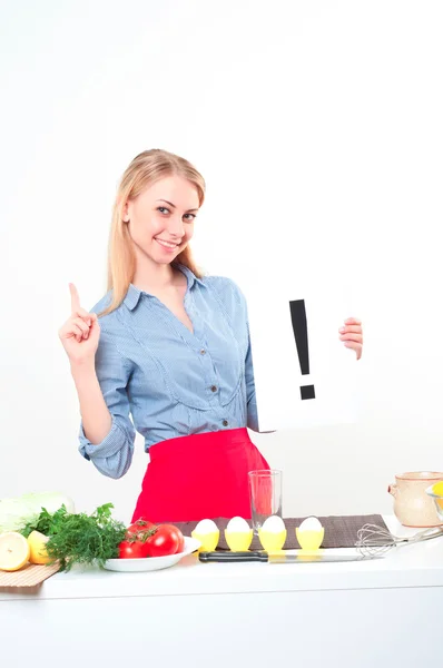Portrait of a young woman, hold exclamation mark — Stock Photo, Image