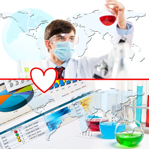 Collage met wetenschapper in laboratorium — Stockfoto