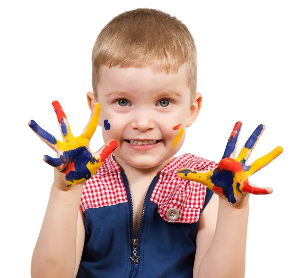 Junge mit bemalten Händen — Stockfoto