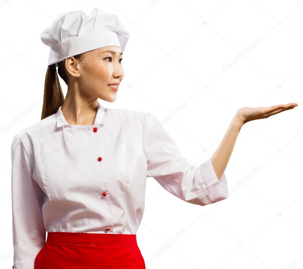 Asian female chef shows his hand