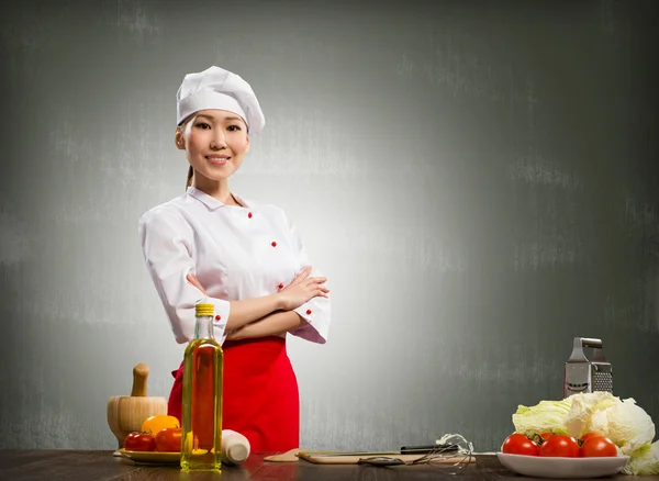 Asian cook woman crossed her arms — Stock Photo, Image