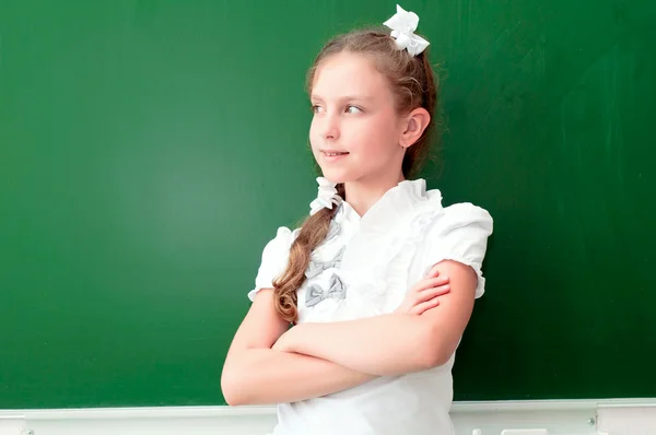 Schoolmeisje portret in de buurt van de schoolborden — Stockfoto