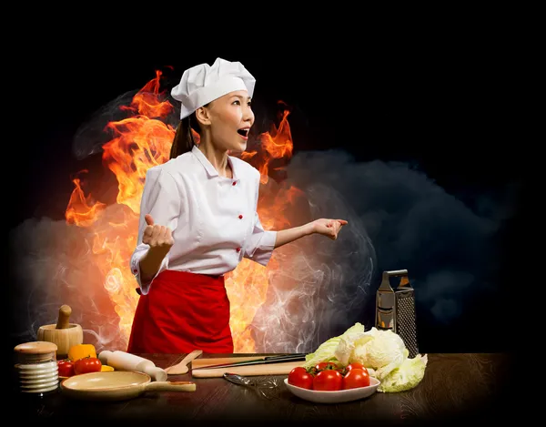 Asian woman furious cook, collage — Stock Photo, Image