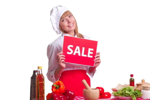 Çekici aşçı kadın bir üzerinde beyaz arka plan — Stok fotoğraf