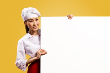Asyalı kadın Şef metin için poster holding