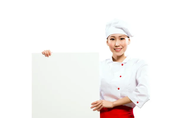 Asian female chef holding poster for the text — Stock Photo, Image