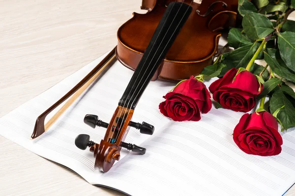 Violín, rosa y libros de música — Foto de Stock