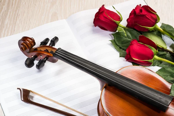 Violin, rose och musik böcker — Stockfoto