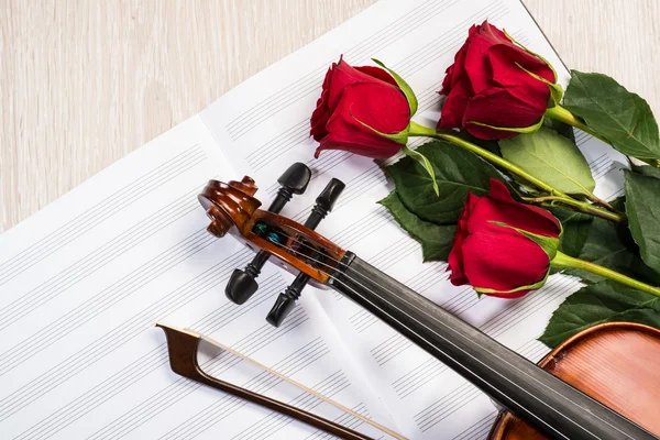 Geige, Rose und Notenbücher — Stockfoto