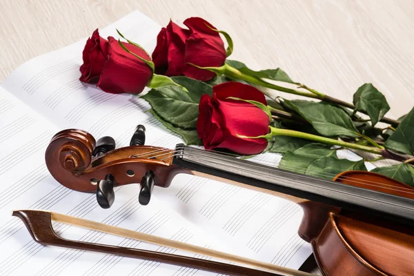 Violín, rosa y libros de música — Foto de Stock