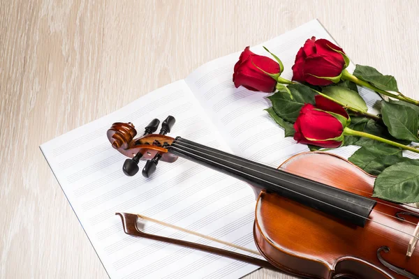 Geige, Rose und Notenbücher — Stockfoto