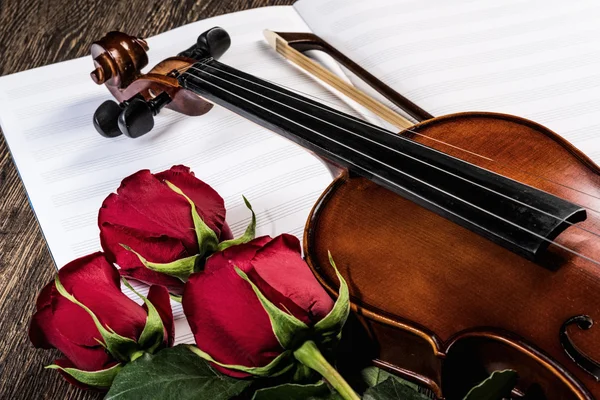 Violino, rosa e livros de música — Fotografia de Stock